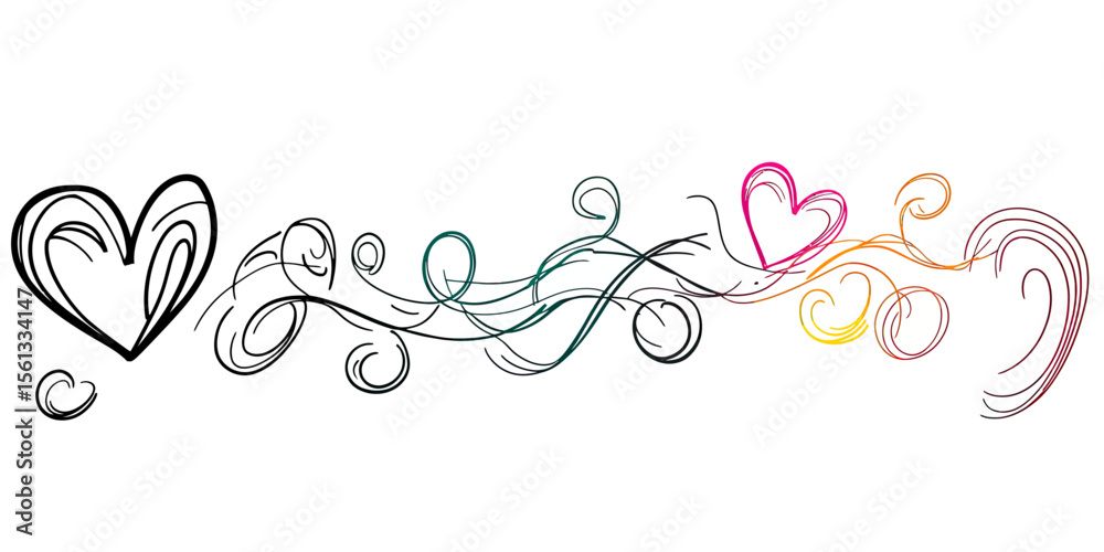 Curved hand drawn heart shapes with delicate decorative swirls and flourishes vector illustration line art doodle border elegant romantic design element in flat minimalist style Curved hand drawn heart shapes with delicate decorative swirls and flourishes vector illustration line art doodle border elegant romantic design element in flat minimalist style
