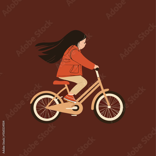 Side view of young girl riding beige bicycle wearing orange jacket and sneakers in flat minimalist vector illustration on dark brown background