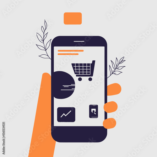 Hand holding smartphone with online shopping cart icon and digital commerce app interface in flat minimalist vector style