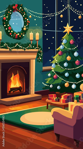 Cozy living room interior with decorated Christmas tree, lit fireplace, wreath, garland lights, wrapped presents, armchair, festive holiday atmosphere at night