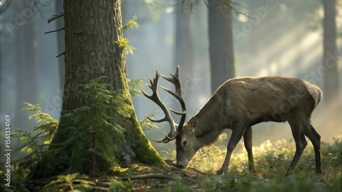 Gentle Deer Animated Grazing in a Serene Forest Clearing at Dawn