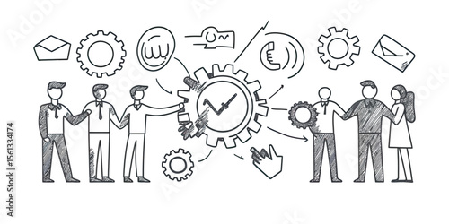 Hand drawn doodle business team working together with gears and icons concept sketch of collaboration and teamwork in office environment vector illustration