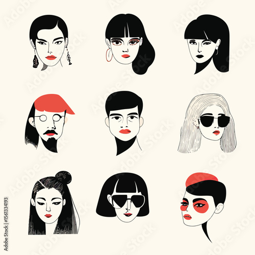 Minimalist flat vector illustration of diverse female and male faces with various hairstyles, makeup, and accessories including earrings and sunglasses in modern style