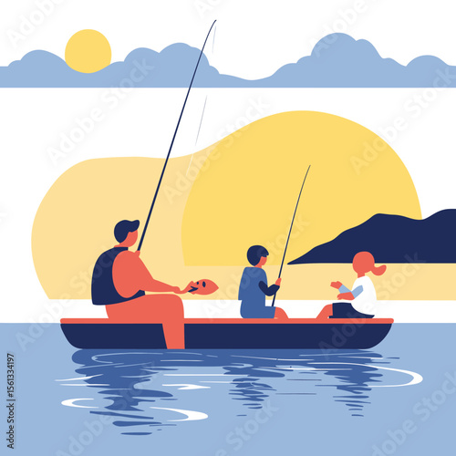Family fishing boat sunset landscape with father and children using fishing rods in flat minimalist style illustration vector