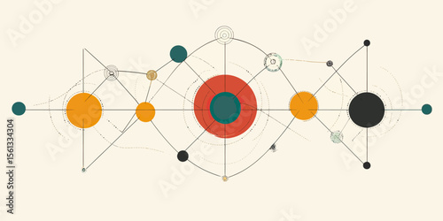 Abstract geometric interconnected circles and nodes network with lines and shapes representing digital technology communication and connection concept in minimalist flat style vector design