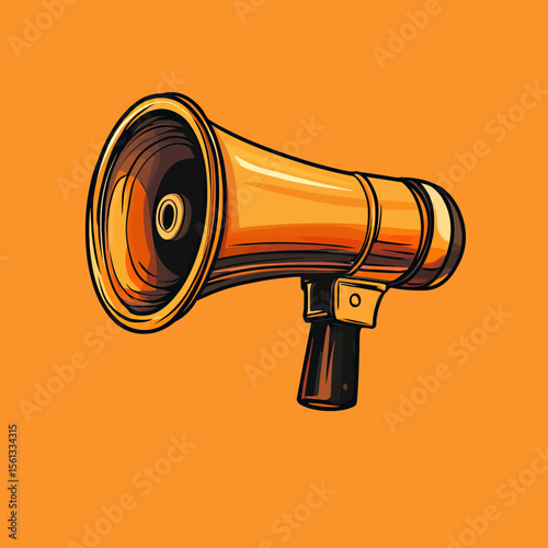 Orange megaphone hand held loudspeaker illustration with black handle and detailed shading on solid orange background vector design for communication and announcement concept