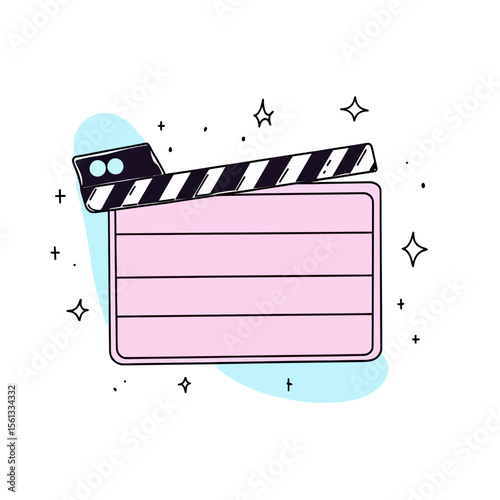 Minimalist cinema clapperboard vector icon with pink slate and black white striped clapstick surrounded by decorative sparkles for film production concept illustration
