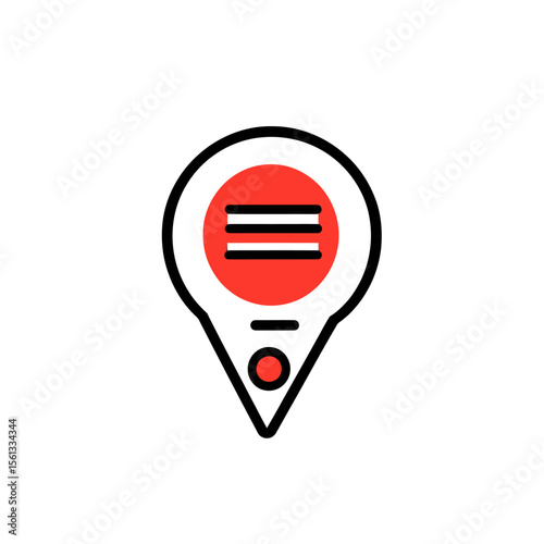 Minimalist map location pointer icon with red circular center and horizontal white lines inside modern vector design on white background