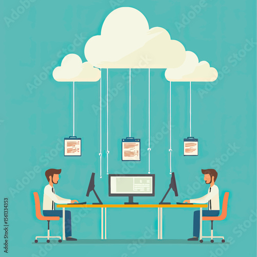 Cloud computing data synchronization with two male programmers working on computers connected to cloud storage for file backup and remote access concept vector illustration