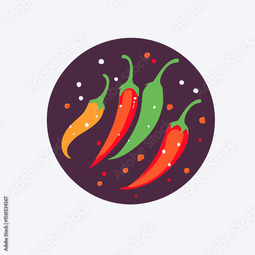 Colorful chili peppers group in red, green, and yellow with scattered spice flakes on dark round background vector illustration flat minimalist style
