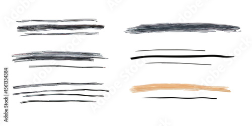 Set of hand drawn black and orange marker underline strokes, brush highlight accents, rough textured vector lines for text decoration and emphasis design elements