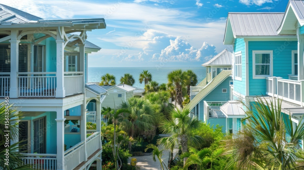 Fototapeta premium Coastal Florida beach houses with palm trees and ocean view