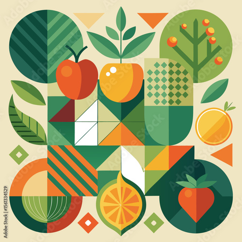 Abstract geometric pattern of farm food. Stylized poster with fruit and vegetables. Agriculture plants in cubism style. Contemporary art of healthy, natural, organic products. Flat vector illustration