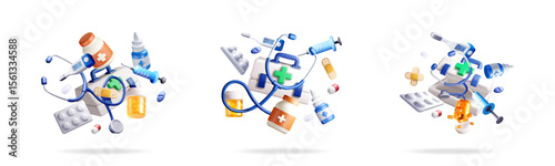 3d medical items set. First aid kit with stethoscope, pills, bandage, syringe, and thermometer for health care banners.