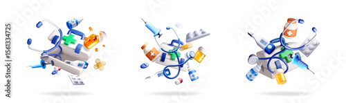 3d medical items set for health and care. Pharmacy, clinic, and first aid for infographics. 3d stock vector illustration.