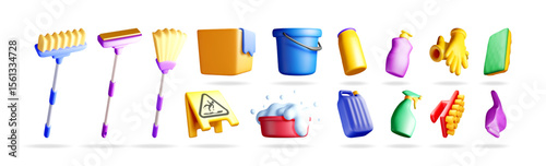 3d stock vector illustration set collection of various colorful cleaning supplies and tools for household and professional hygiene.