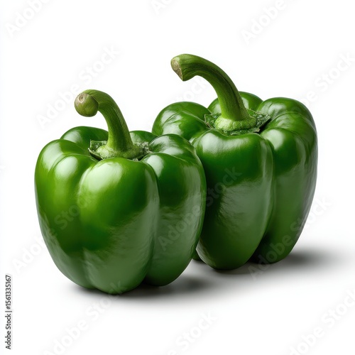 Two shiny green bell peppers with stems on a white background