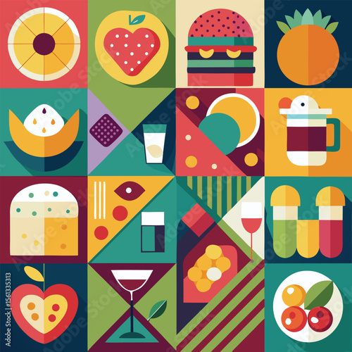 Abstract geometric pattern of farm food. Stylized poster with fruit and vegetables. Agriculture plants in cubism style. Contemporary art of healthy, natural, organic products. Flat vector illustration
