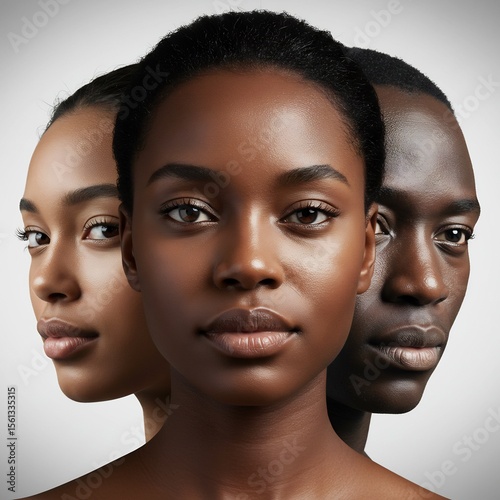 Diversity faces: Three beautiful diverse African American faces, a symbol of unity, strength and hope.