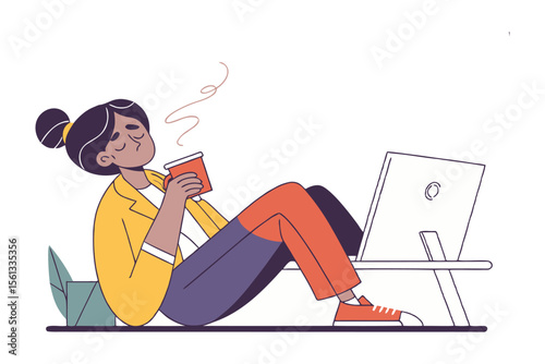 Relaxing Break: A young woman takes a moment to relax, enjoying a warm beverage while working from home.  She sits comfortably on the floor with her laptop nearby.