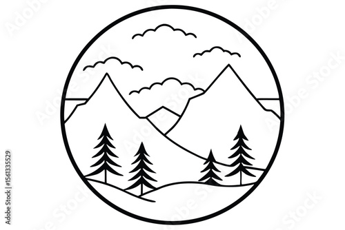 Circular mountain landscape with pine trees and atmospheric fog