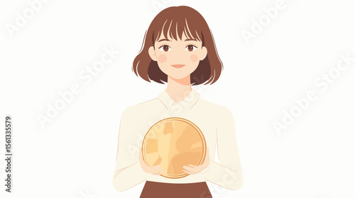 Professional Businesswoman Holding a Big Coin - Flat Vector Illustration