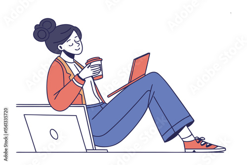 A Moment of Serenity: A woman finds peace in a modern, minimalist setting, where she enjoys a moment of solitude, holding a beverage while working on a laptop. A scene of harmony and productivity.