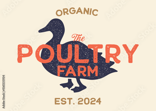 Duck or Poultry Farm with Duck Silhouette Vintage Retro Background. Ideal for branding organic farms, local produce markets, homesteading, animal husbandry, or artisanal food packaging.