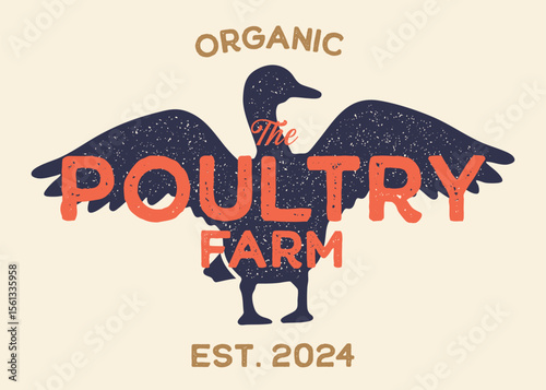 Duck or Poultry Farm with Duck Silhouette Vintage Retro Background. Ideal for branding organic farms, local produce markets, homesteading, animal husbandry, or artisanal food packaging.
