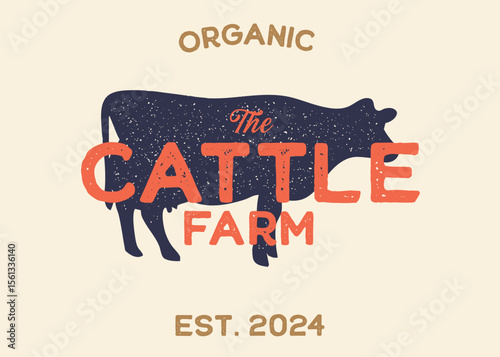 Cow or Cattle Farm with Cow Silhouette Vintage Retro Background. Ideal for branding organic farms, local produce markets, homesteading, animal husbandry, or artisanal food packaging.