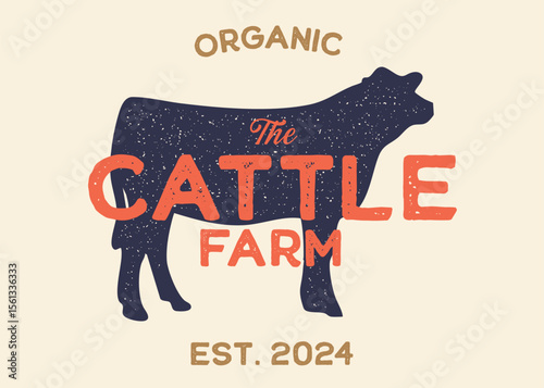Cow or Cattle Farm with Cow Silhouette Vintage Retro Background. Ideal for branding organic farms, local produce markets, homesteading, animal husbandry, or artisanal food packaging.