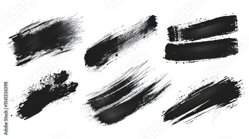 Grunge-inspired vector brush stroke set with distressed black paint and curved dry brush textures, perfect for textured borders