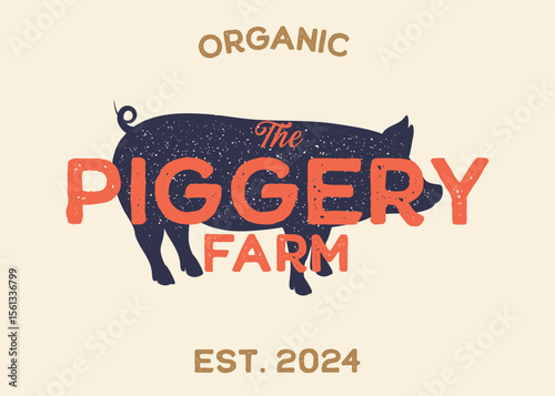 Pig or Piggery Farm with Pig Silhouette Vintage Retro Background. Ideal for branding organic farms, local produce markets, homesteading, animal husbandry, or artisanal food packaging.