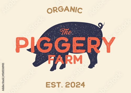 Pig or Piggery Farm with Pig Silhouette Vintage Retro Background. Ideal for branding organic farms, local produce markets, homesteading, animal husbandry, or artisanal food packaging.