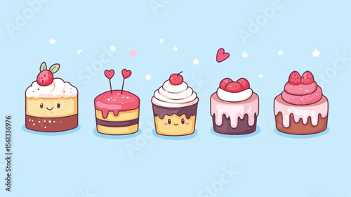 Delicious Kawaii Cake Portion Sweet Food Flat Vector Illustration