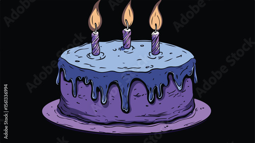 Celebration Cake with Three Candles Flat Vector Illustration