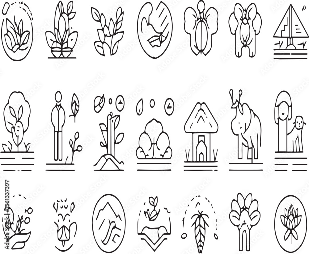 A collection of line art icons depicting nature animals and conservation themes in a simple style