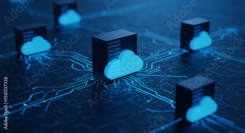 Cloud computing technology with data servers connected through network lines on dark blue circuit board background