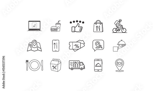Food delivery icons with cyclist map and food vector