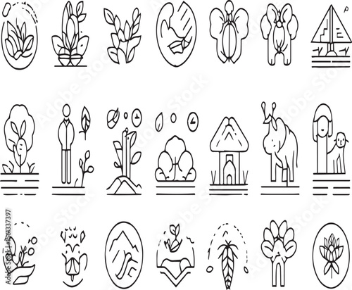 A collection of line art icons depicting nature animals and conservation themes in a simple style