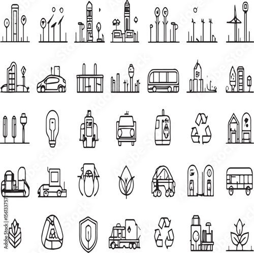 A collection of minimalist line art icons depicting sustainable living and environmental conservation