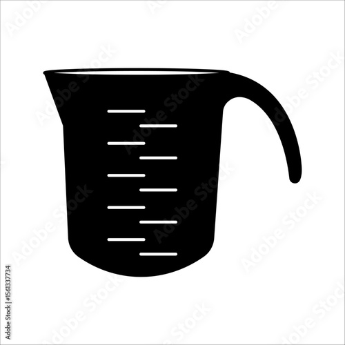 Silhouette Measuring cup with pouring funnel, handle. Kitchen utensils outline icon. Black illustration of dishes for measuring liquid and dry cooking ingredients on black and white background.