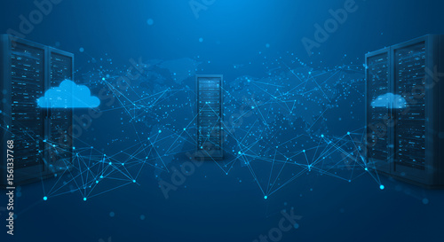 Data servers interconnected with digital network lines in a futuristic technology data center with cloud storage and cybersecurity elements
