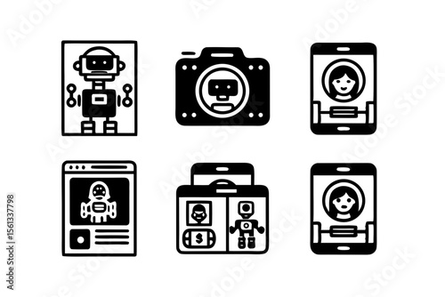 Collection of robot and technology icons including a robot illustration camera smartphone with person and web page elements isolated on white background