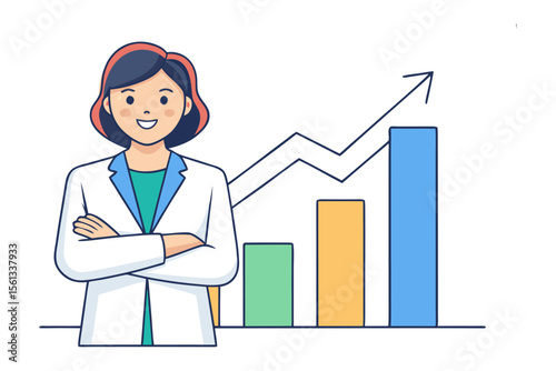Businesswoman and growth chart: A confident businesswoman stands proudly, arms crossed, beside a vibrant growth chart, symbolizing success and upward trajectory in the corporate world.