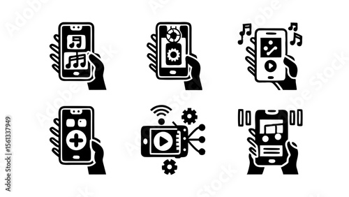 Collection of six black and white icons depicting hands holding smartphones with various app interfaces and functions isolated on white background