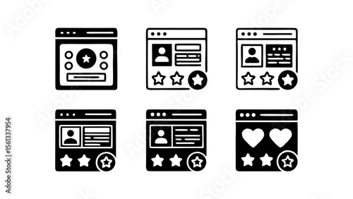 Collection of user interface icons representing customer feedback and ratings with stars and hearts isolated on white background