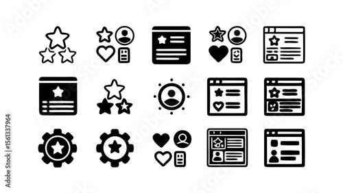 Collection of user interface icons representing ratings reviews feedback user profiles and settings isolated on white background