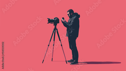 Professional Cameraman with Camera Standing Outdoors