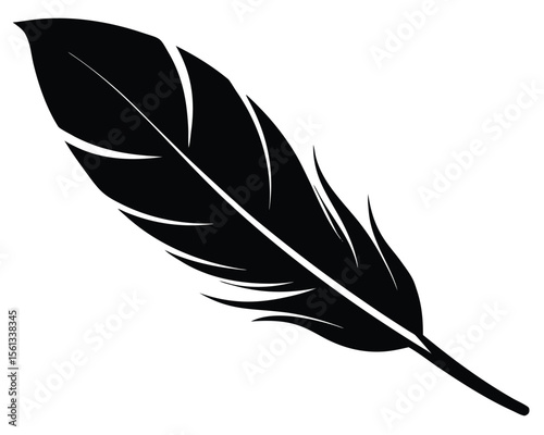 Black silhouette of a single feather isolated on white background